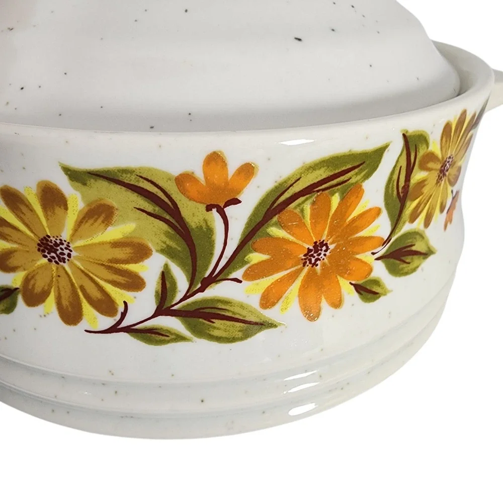 Vintage Bake Serve Store Stoneware Casserole‎ Dish Lid Floral Yellow Flower